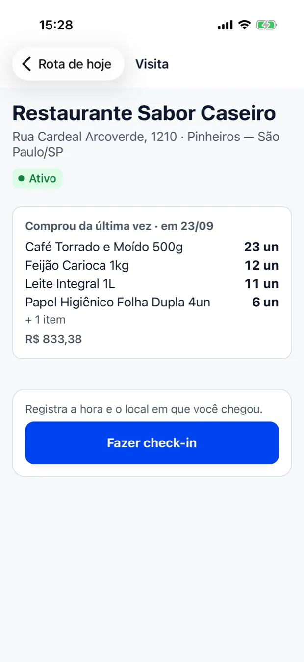 Tela da visita no aplicativo, antes do check-in: o bloco "Comprou da última vez" com a data, quatro produtos, as quantidades e o valor total da compra anterior.