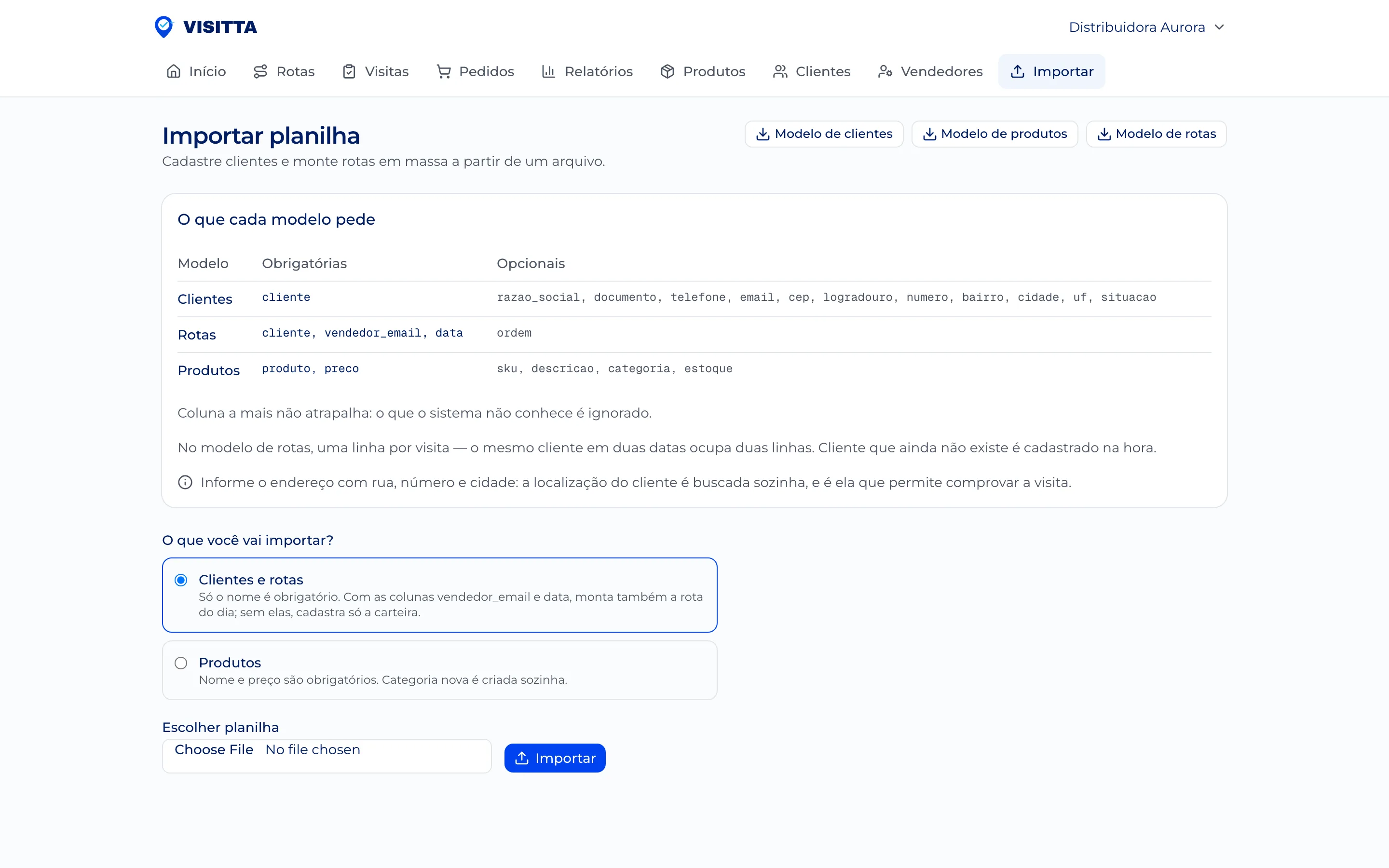 Tela de importação do painel, com a escolha entre clientes e produtos e o link para baixar o modelo de planilha.